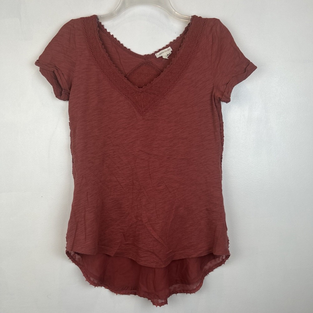 Meadow Rue Womans Gossamer Tee XS Rust Cotton Crewneck Embroidered Boho Read